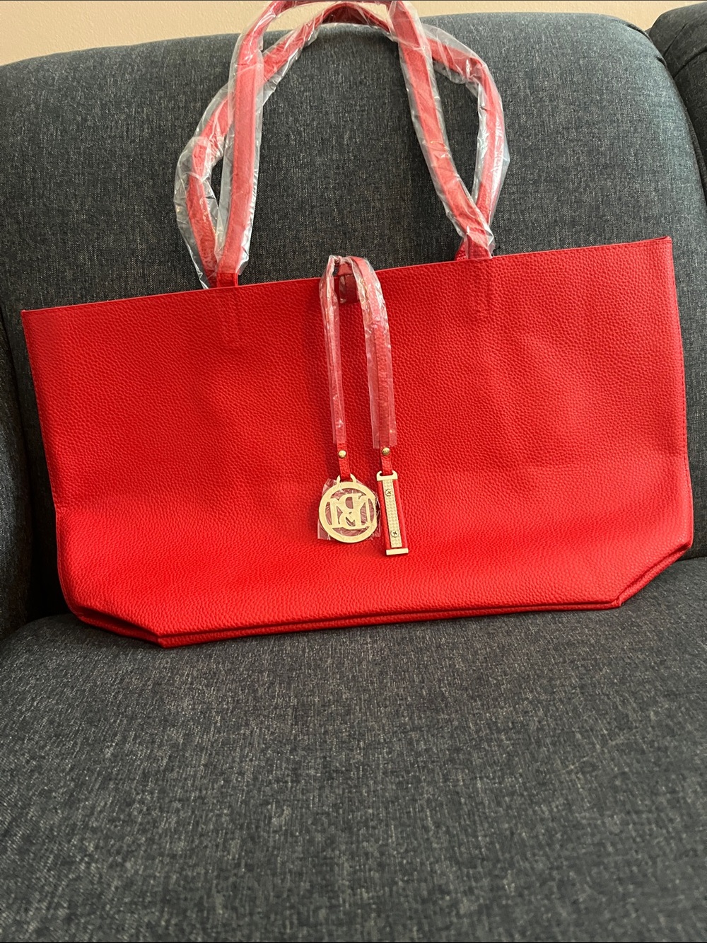 NWT Badgley Mishka Large Red Leather Tote with Gold Charm Accent